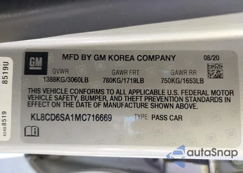 2021 Chevrolet Spark Fwd 1Lt Automatic z USA, uszkodzony, nr VIN KL8CD6SA1MC716669